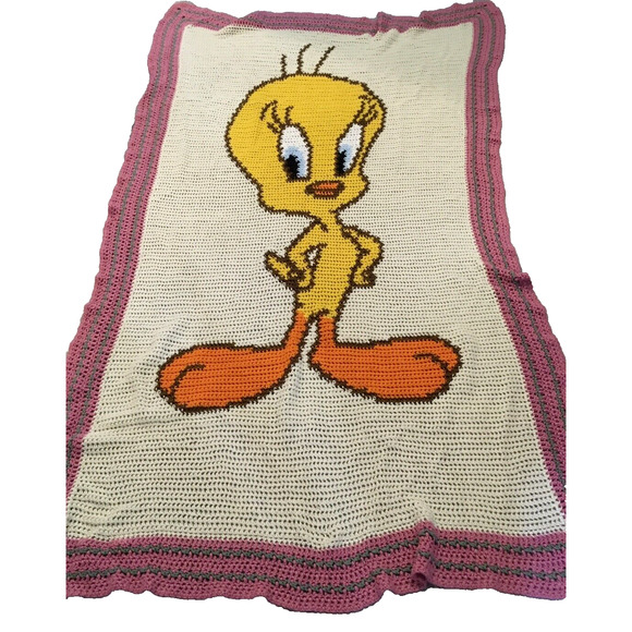 Tweety Bird Vtg Handmade Knit Crochet Baby Blanket Throw Nursery 40" X 70" - Picture 1 of 11